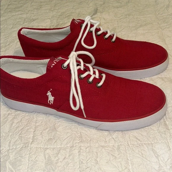 Polo by Ralph Lauren Red Canvas Flax Linen Low-Top White Logo Sneakers SZ 10.5 D - Picture 2 of 8